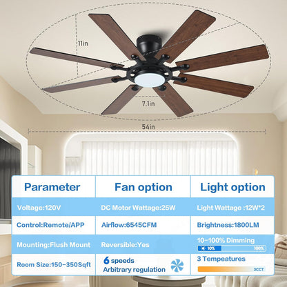 Ceiling Fans with Lights, 54 inch Low Profile Ceiling Fan with Light and Remote Control, Flush Mount Ceiling Fan for Bedroom, Living Room, Reversible, 3CCT, Dimmable, Noiseless DC Motor, Black White Brown