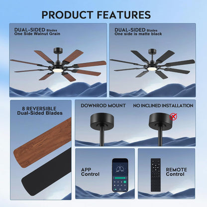 62" Ceiling Fan with Light - Modern White Low Profile Ceilings Fans Light08-Black-62In 08-White-62In 08-Brown-62In
