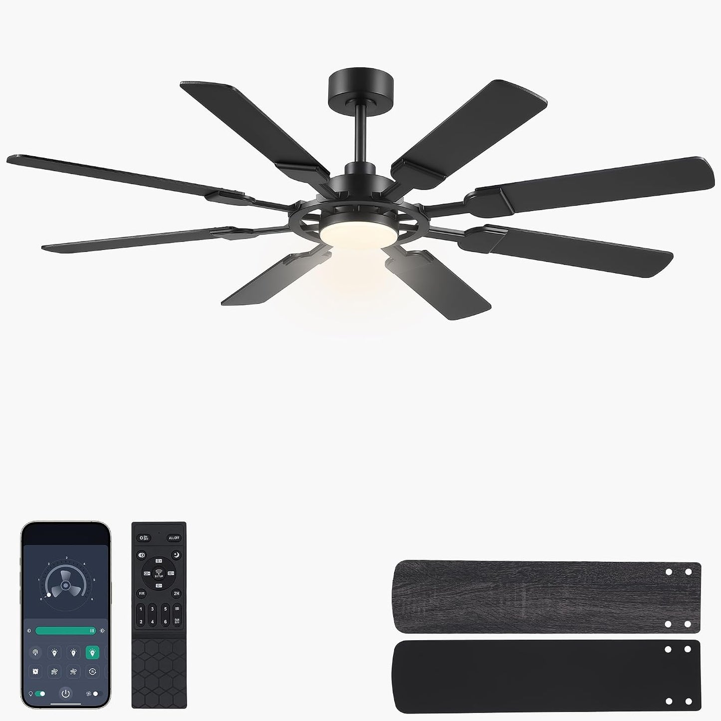 62" Ceiling Fan with Light - Modern White Low Profile Ceilings Fans Light08-Black-62In 08-White-62In 08-Brown-62In