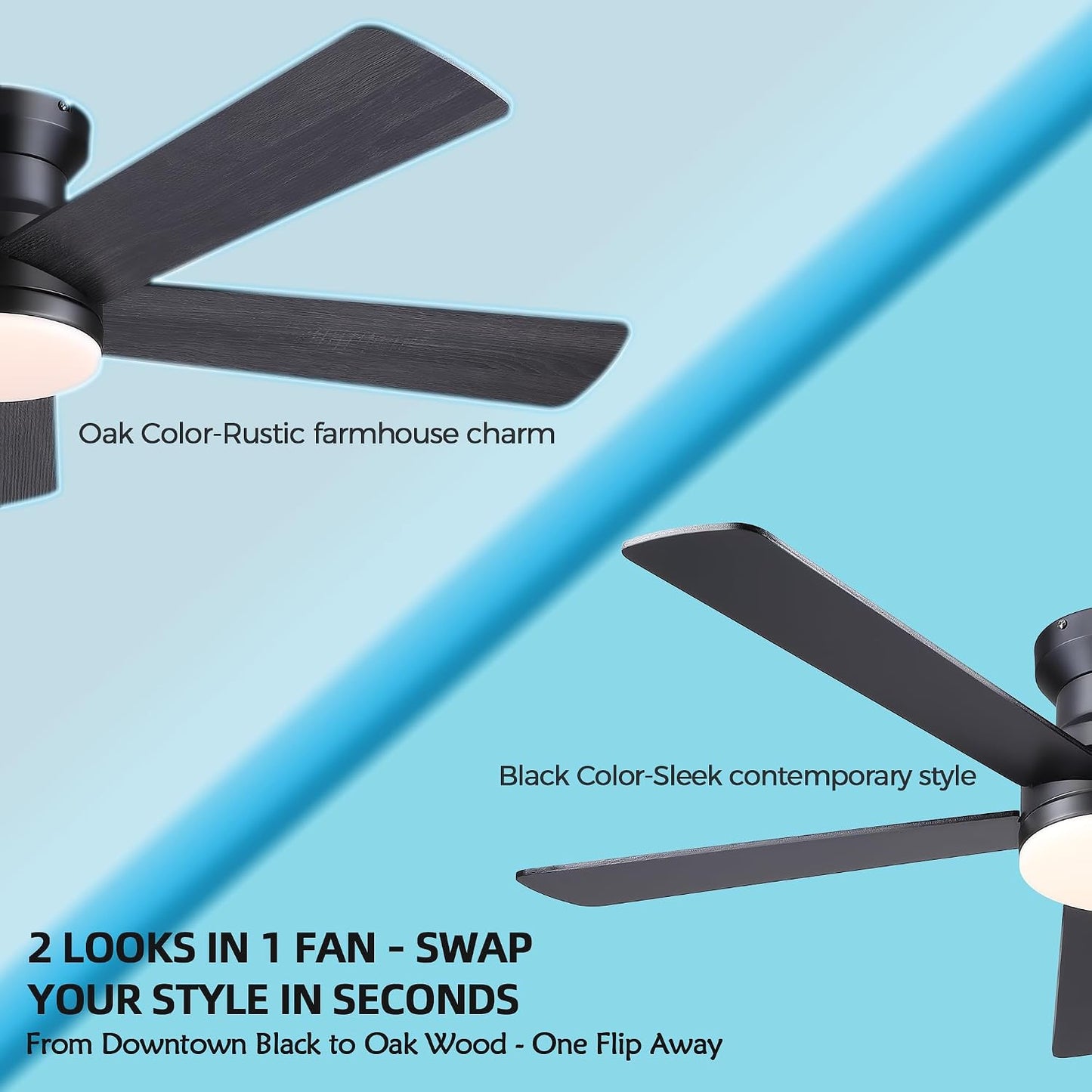 48In Ceiling Fan with Light Flush Mount - White Low Profile Ceiling Fan Light with Remote/APP, 5 Reversible Dual-Sided Blades, Modern Fan Light for Indoor Bedroom, Covered Outdoor