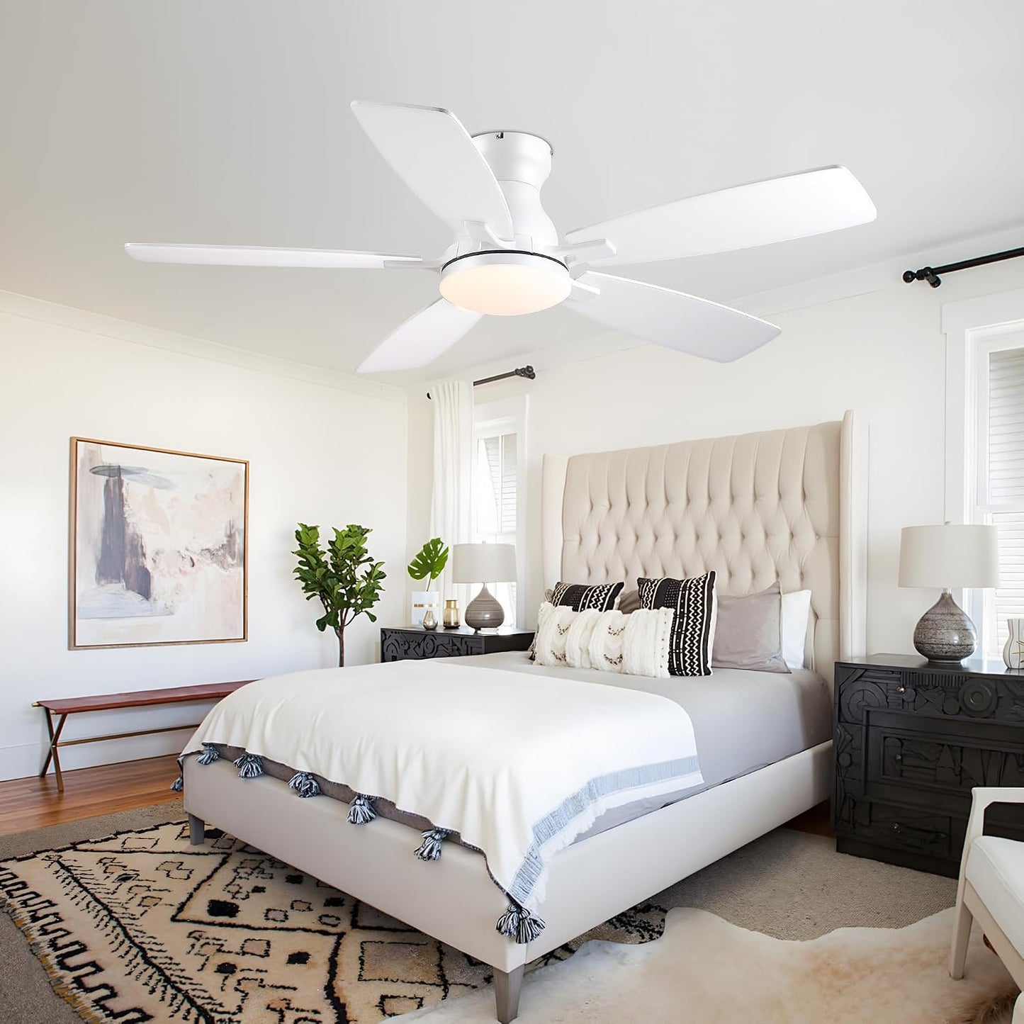 JSAITEE 46 Inch Low Profile Flush Mount Ceiling Fan with Lights, Black Brown WhiteJL-66-42-Brown JL-66-42-black JL-66-42-white