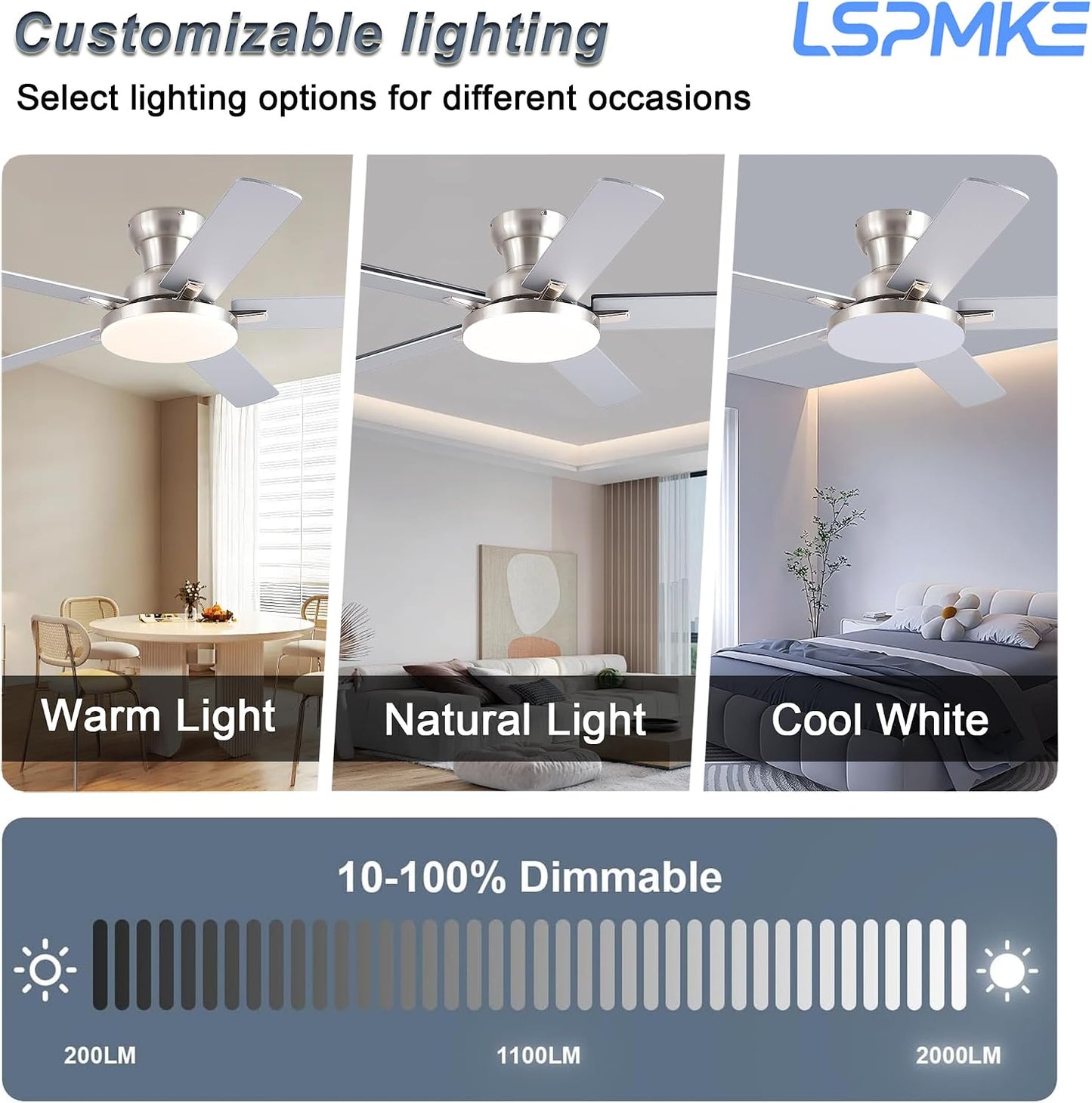 52" Ceiling Fan with Light, Remote Control, 3CCT Dimmable Noiseless DC Motor, Modern Indoor Lighting Fixture for Bedroom, Kitchen LSP-266-Black LSP-266-White LSP-266-Brown LSP-266-Nickel