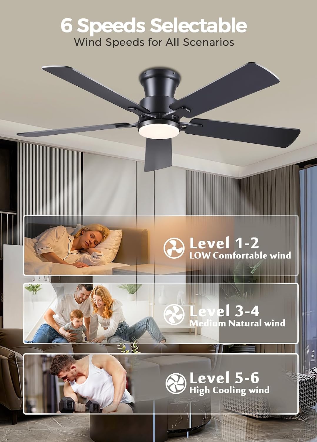 JSAITEE 52Inch Flush Mount Ceiling Fan with Lights Low Profile Brown