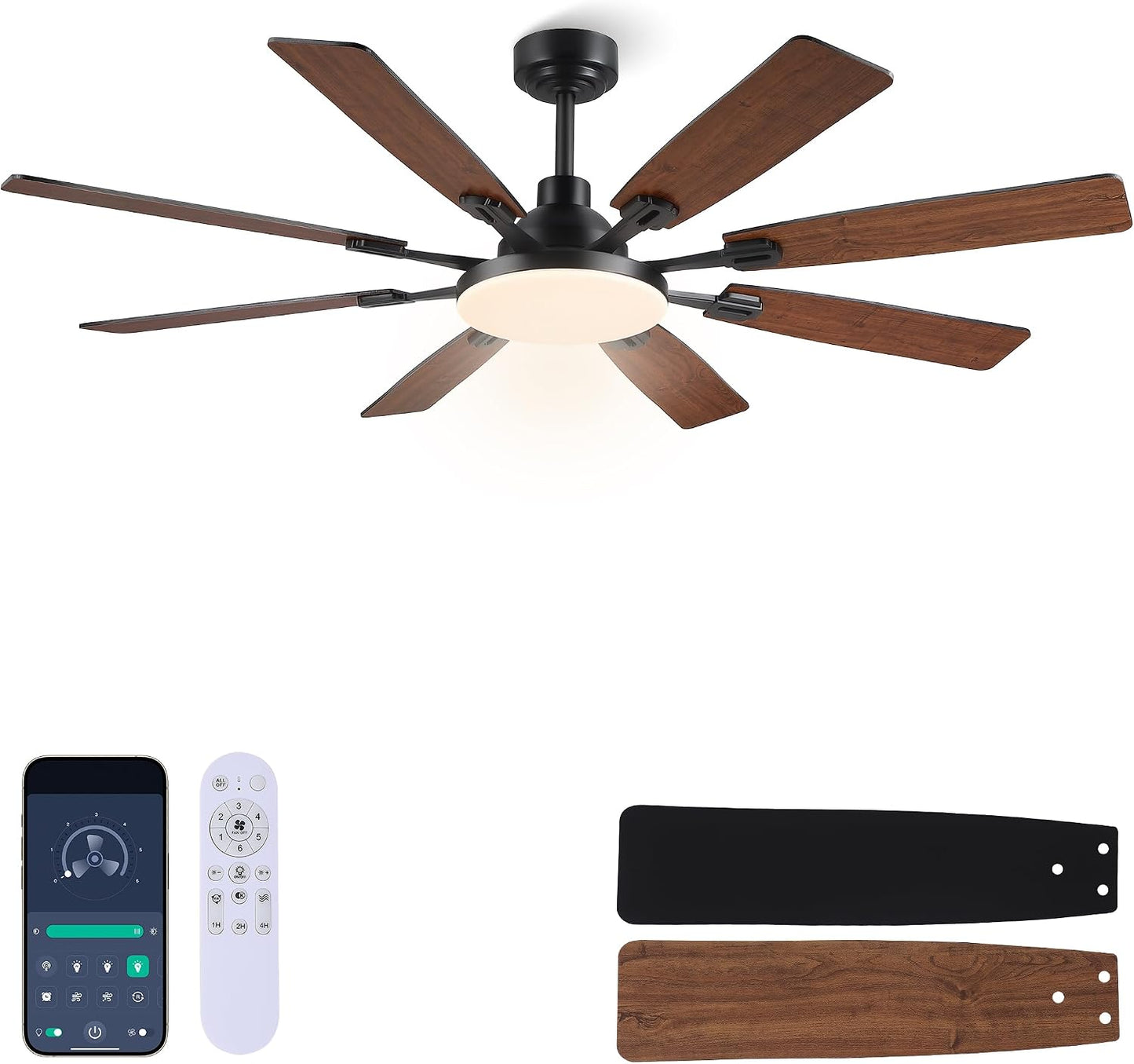 60" Ceiling Fan with Light - Modern White Low Profile Ceilings Fans Light Low Profile Fan with 8 Blades,6 Wind Speeds Reversible,Dimmable,Modern Light for Indoor Living Room,Kitchen,Coverd PatiosJL-153-Black-60In JL-153-White-60In JL-153-Brown-60In