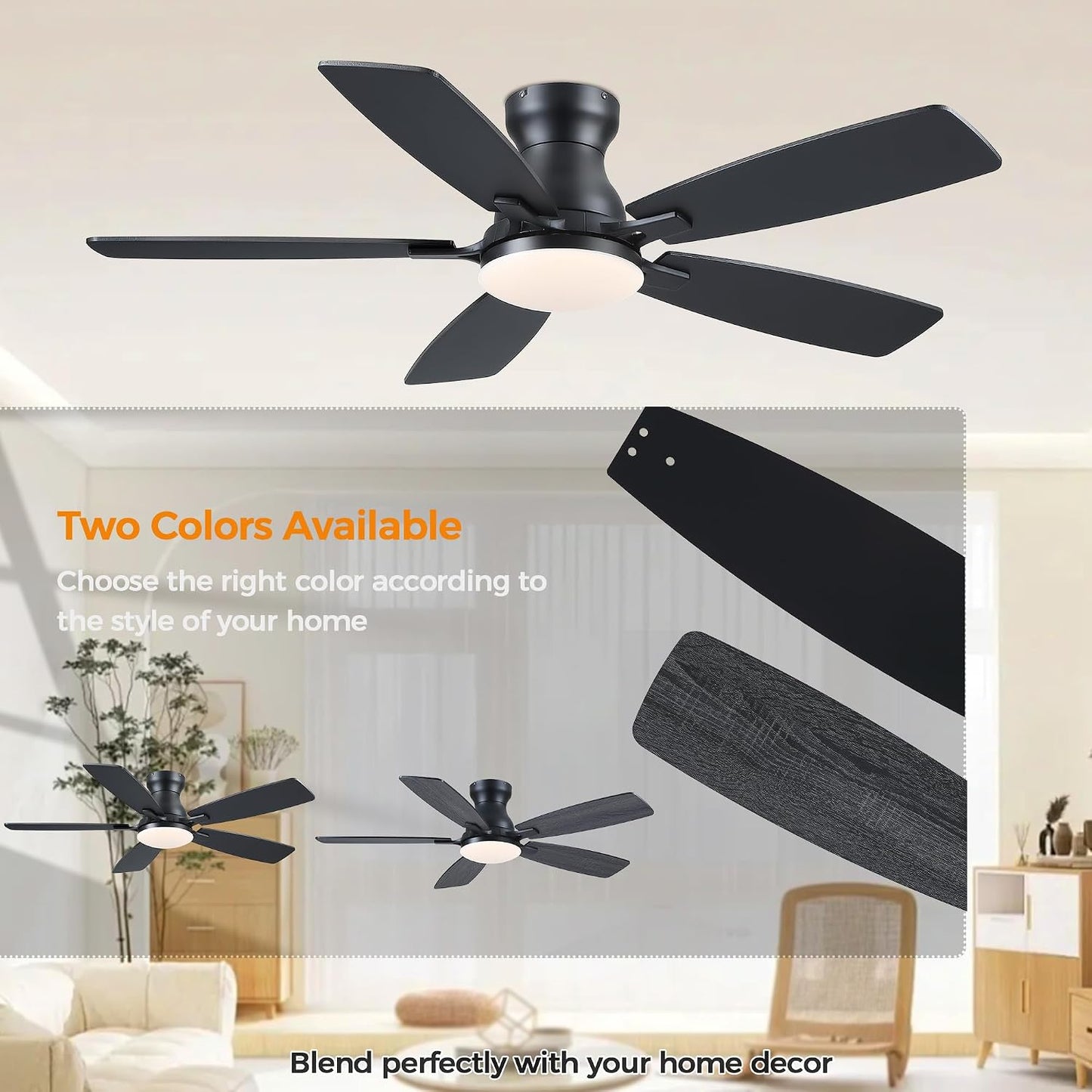 JSAITEE 46 Inch Low Profile Flush Mount Ceiling Fan with Lights, Black Brown WhiteJL-66-42-Brown JL-66-42-black JL-66-42-white