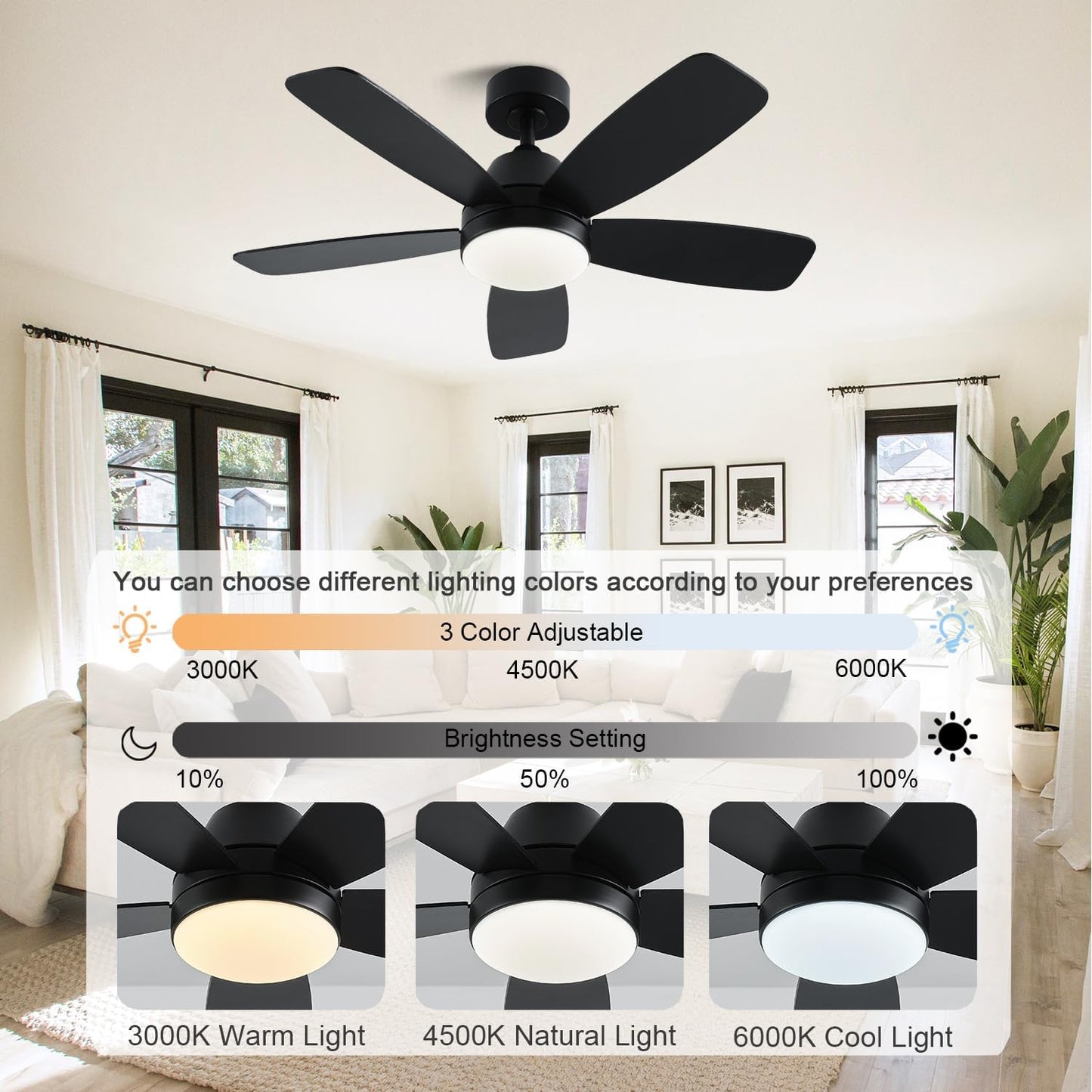 Ceiling Fans with Lights, Low Profile Indoor/Outdoor Use 42 Inch