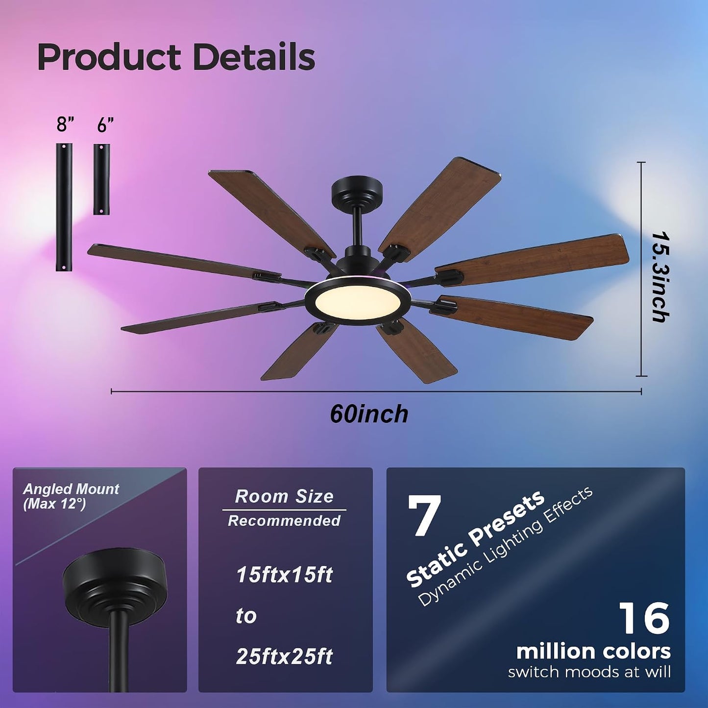 Ceiling Fan With Light & Remote Indoor/Outdoor Use 60 Inch RGB Brown