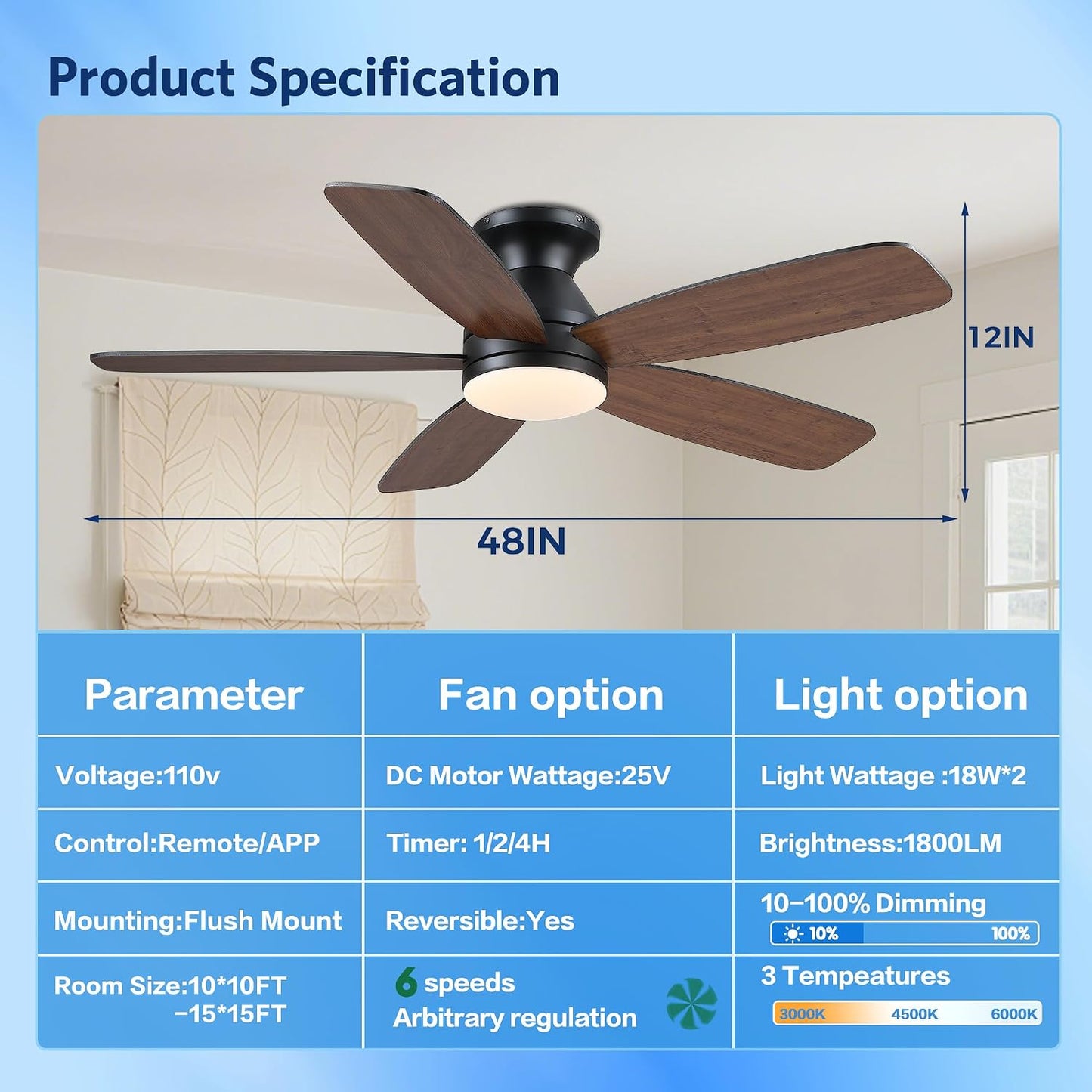 SAITEE 48" Ceiling Fans with Lights Low Profile - Flush Mount Ceiling Fan with Light and Remote, 6 Wind Speeds Reversible, Quiet, 3CCT Dimmable, Fan Light for Modern Indoor, Bedroom, Kitchen,JL68-48-Black JL068-48-white JL68-48-Brwon JL68-48-Nickle