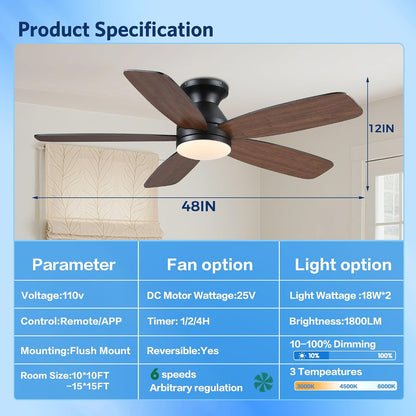 SAITEE 48" Ceiling Fans with Lights Low Profile - Flush Mount Ceiling Fan with Light and Remote, 6 Wind Speeds Reversible, Quiet, 3CCT Dimmable, Fan Light for Modern Indoor, Bedroom, Kitchen,JL68-48-Black JL068-48-white JL68-48-Brwon JL68-48-Nickle