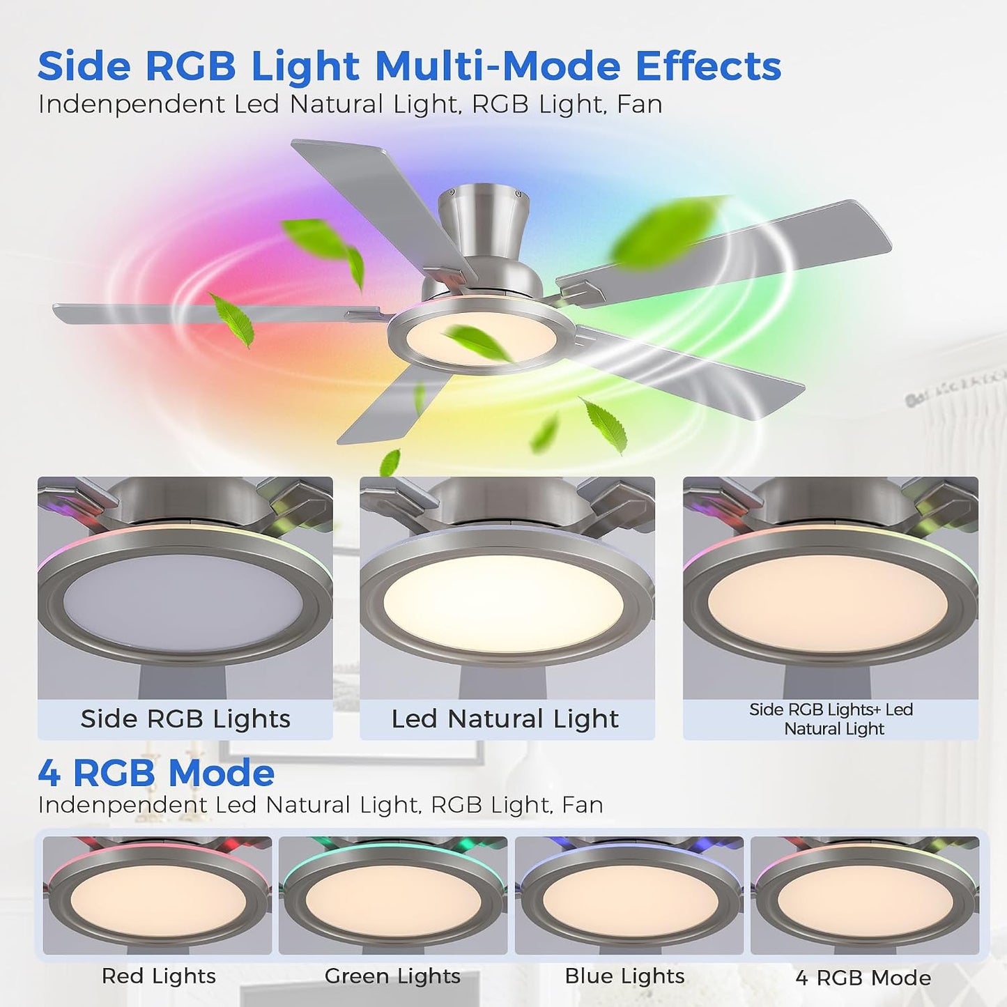 Ceiling Fans with Lights - 52in Flush Mount Ceiling Fan with RGB Dimmable, 3CCT 6 Wind Speeds and Reversible Quiet Motor, Low Profile RGB Fan Light for Modern Indoor, Party 8886-Black 8886-White 8886-Brown 8886-Nickel