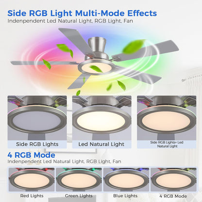 Ceiling Fans with Lights - 52in Flush Mount Ceiling Fan with RGB Dimmable, 3CCT 6 Wind Speeds and Reversible Quiet Motor, Low Profile RGB Fan Light for Modern Indoor, Party 8886-Black 8886-White 8886-Brown 8886-Nickel