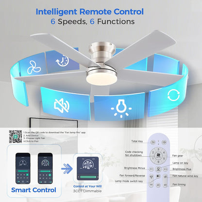 48In Ceiling Fan with Light Flush Mount - White Low Profile Ceiling Fan Light with Remote/APP, 5 Reversible Dual-Sided Blades, Modern Fan Light for Indoor Bedroom, Covered Outdoor