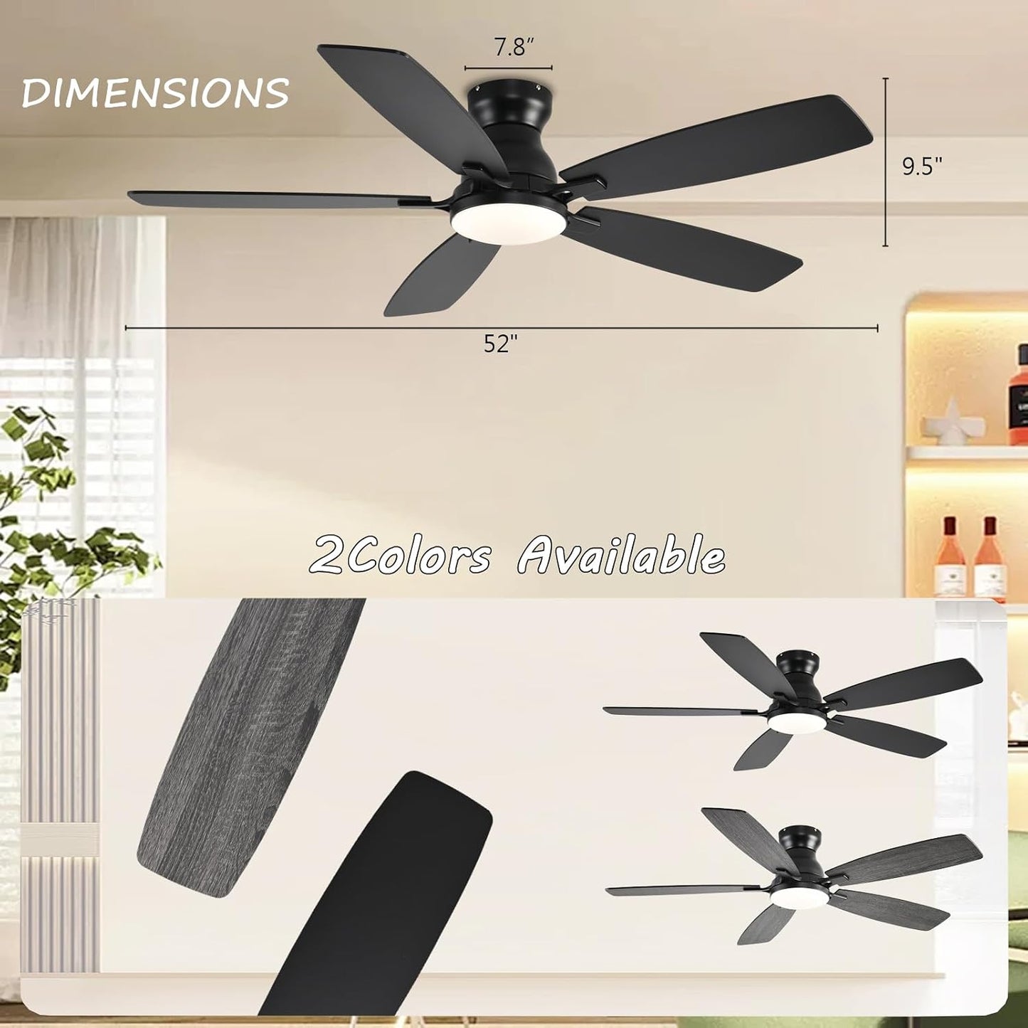 JSAITEE Ceiling Fans with Lights, 52 Inch Low Profile Ceiling Fan with Light and Remote Control, Flush Mount, DC Reversible Motor, Noiseless, White 6 Speeds Ceiling Fan for BedroomJL-66-Brown JL-66-nickle JL-66-white JL-66-black
