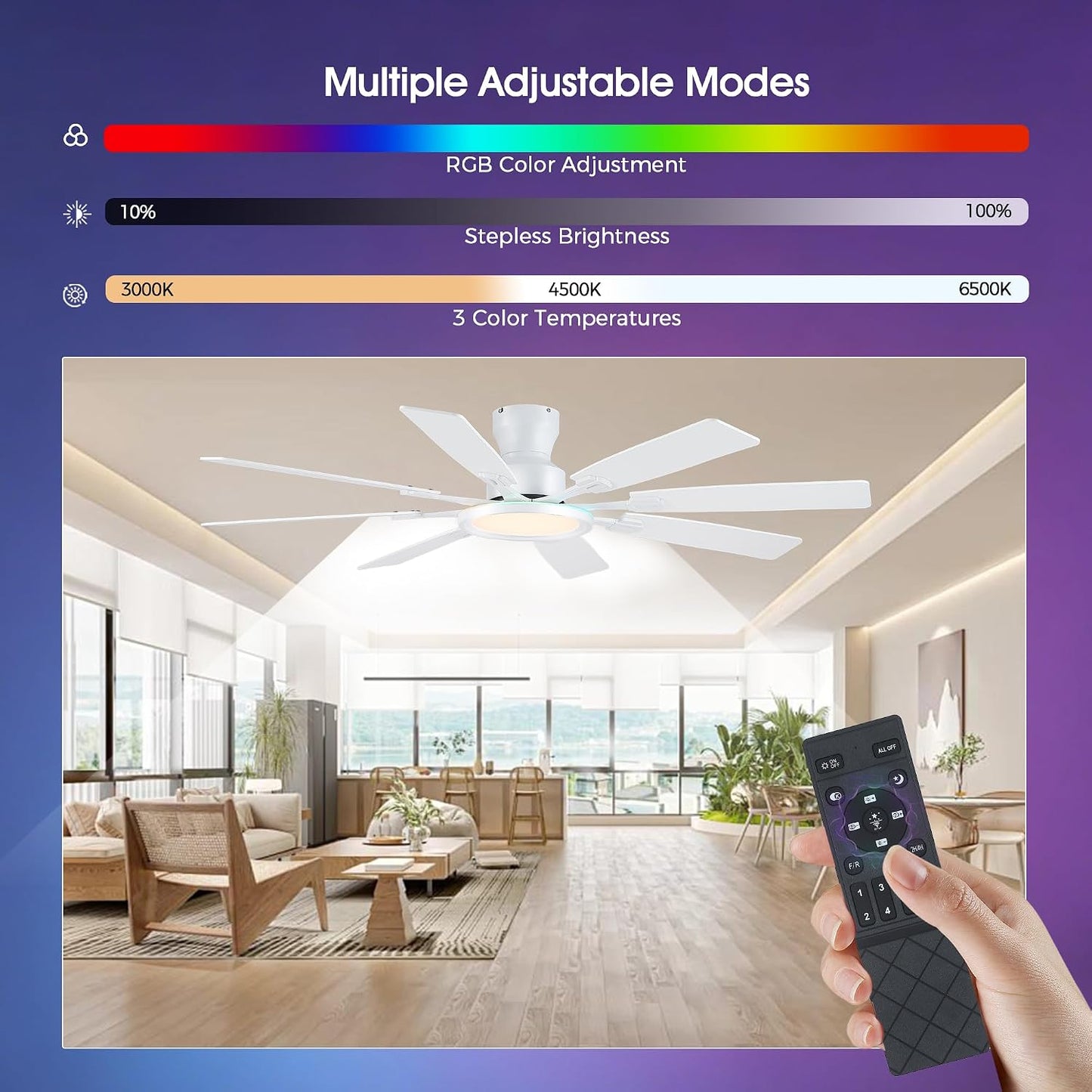 JSAITEE 60Inch Ceiling Fan with Lights Low Profile Flush Mount Brown RGB