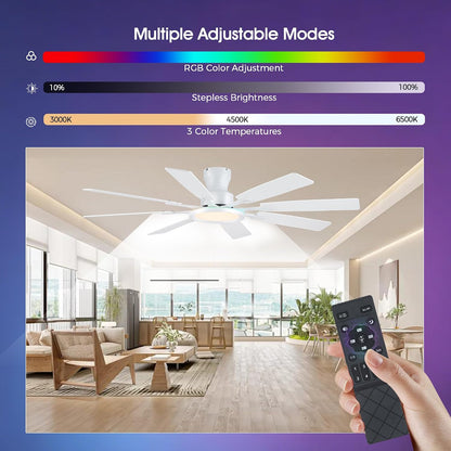JSAITEE 60Inch Ceiling Fan with Lights Low Profile Flush Mount Brown RGB