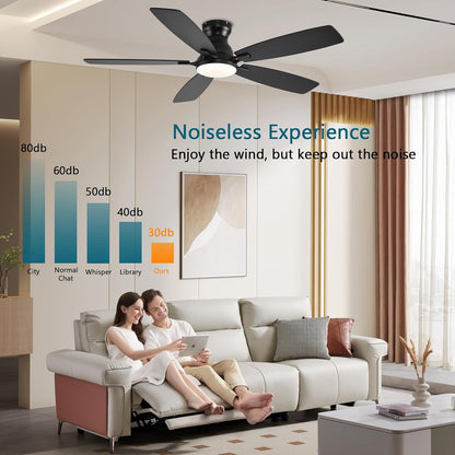 JSAITEE Ceiling Fans with Lights, 52 Inch Low Profile Ceiling Fan with Light and Remote Control, Flush Mount, DC Reversible Motor, Noiseless, White 6 Speeds Ceiling Fan for BedroomJL-66-Brown JL-66-nickle JL-66-white JL-66-black