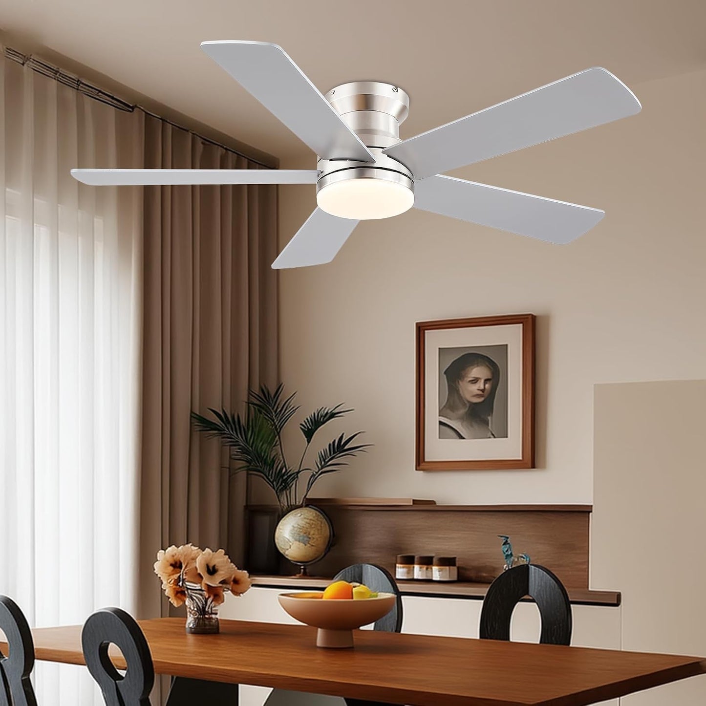 48In Ceiling Fan with Light Flush Mount - White Low Profile Ceiling Fan Light with Remote/APP, 5 Reversible Dual-Sided Blades, Modern Fan Light for Indoor Bedroom, Covered Outdoor
