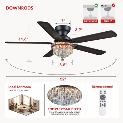 Crystal Ceiling Fan Fandelier with Lights-Modern Ceiling Fan(52" )5889-Black 5890-Black