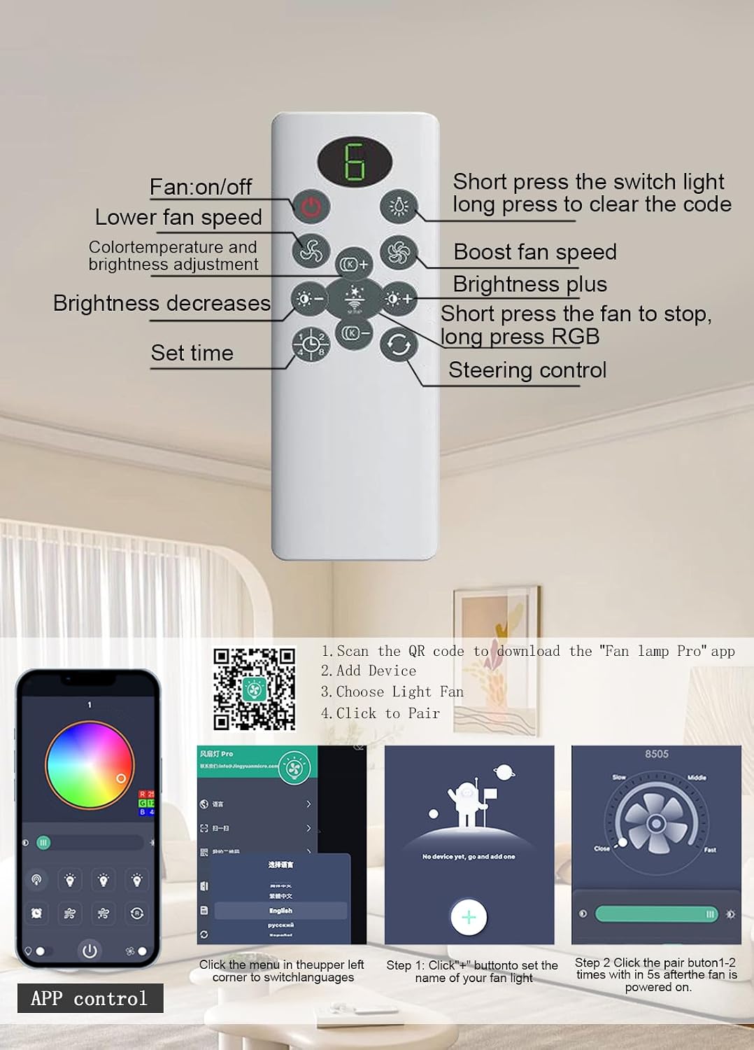 JSAITEE 52 inch Ceiling Fan with Light, 6 Speeds Reversible Low Profile Ceiling Fan with Light and Remote/APP Control, 3 Color Temp+Dimmable RGB, 8 Blades, Flush Mount Quiet Ceiling Fans, Black JL99-Black