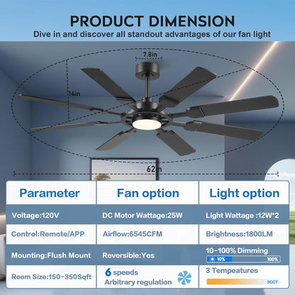 62" Ceiling Fan with Light - Modern White Low Profile Ceilings Fans Light08-Black-62In 08-White-62In 08-Brown-62In