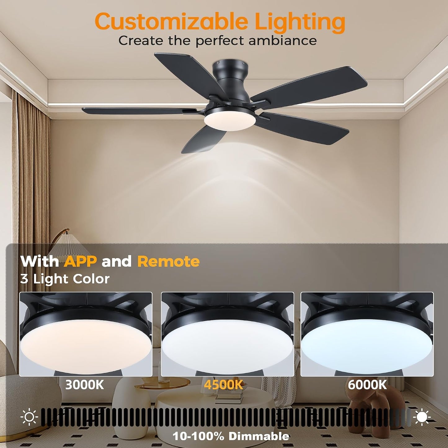 JSAITEE 46 Inch Low Profile Flush Mount Ceiling Fan with Lights, Black Brown WhiteJL-66-42-Brown JL-66-42-black JL-66-42-white