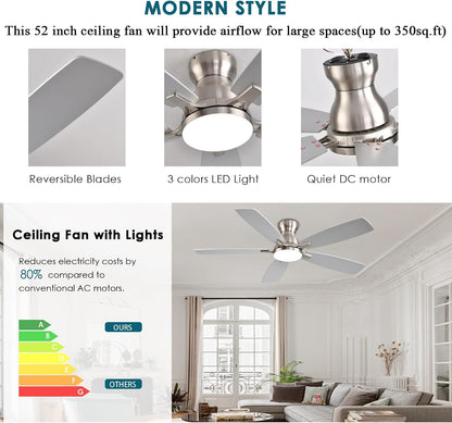 JSAITEE Ceiling Fans with Lights, 52 Inch Low Profile Ceiling Fan with Light and Remote Control, Flush Mount, DC Reversible Motor, Noiseless, White 6 Speeds Ceiling Fan for BedroomJL-66-Brown JL-66-nickle JL-66-white JL-66-black