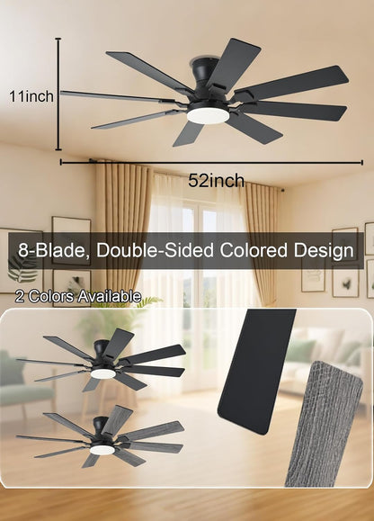 JSAITEE 52 inch Ceiling Fan with Light, 6 Speeds Reversible Low Profile Ceiling Fan with Light and Remote/APP Control, 3 Color Temp+Dimmable RGB, 8 Blades, Flush Mount Quiet Ceiling Fans, Black JL99-Black