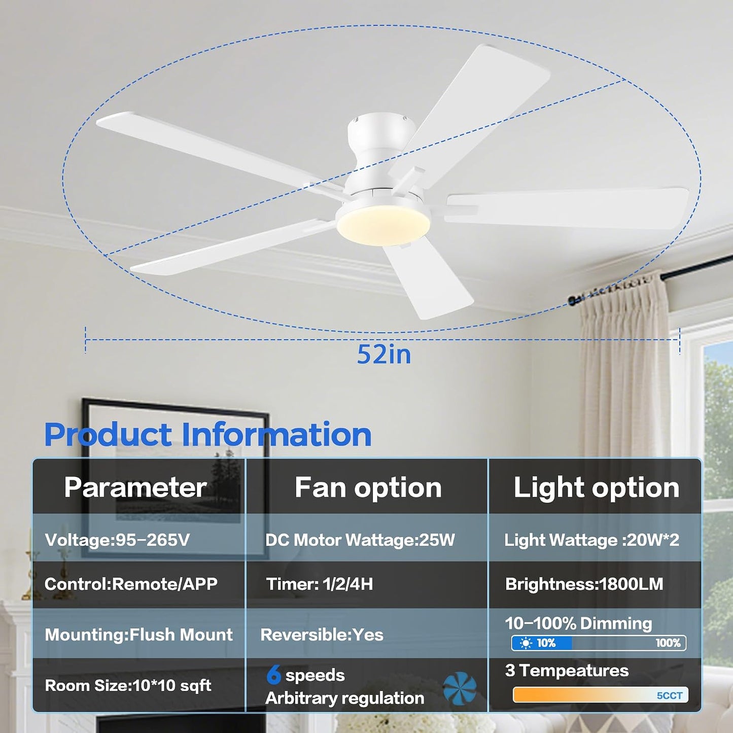 Ceiling Fans with Lights,52 Inch Low Profile Ceiling Fan with Light-Flush Mount Dimmable, Quiet DC Motor for Outdoor Patio,Garage,Bedroom Brown67-Black 52in 67-White 52in 67-Brown 52in 67-Nickel 52in