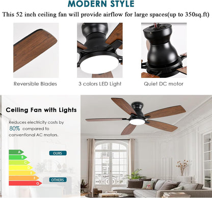 JSAITEE Ceiling Fans with Lights, 52 Inch Low Profile Ceiling Fan with Light and Remote Control, Flush Mount, DC Reversible Motor, Noiseless, White 6 Speeds Ceiling Fan for BedroomJL-66-Brown JL-66-nickle JL-66-white JL-66-black