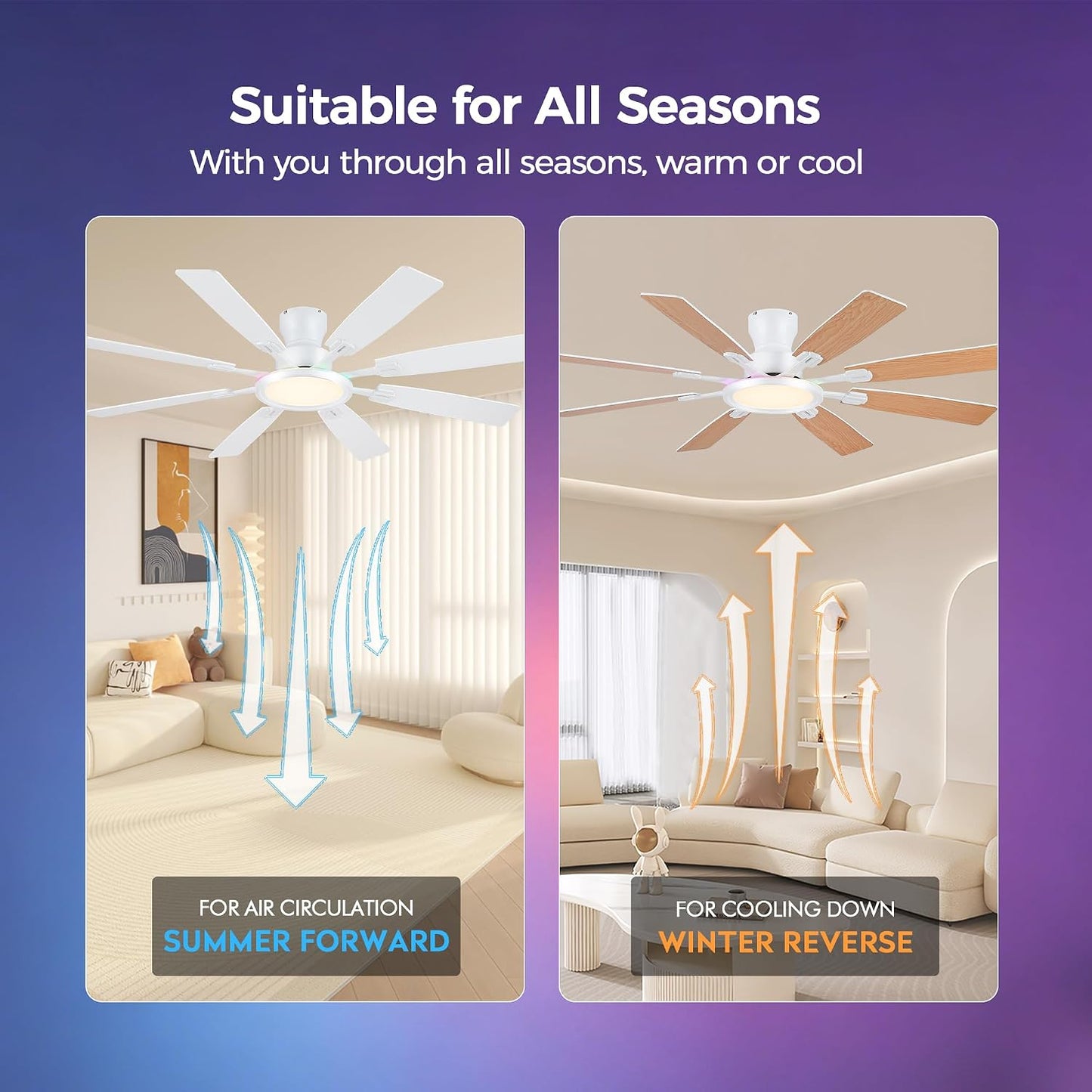 JSAITEE 60Inch Ceiling Fan with Lights Low Profile Flush Mount Brown RGB