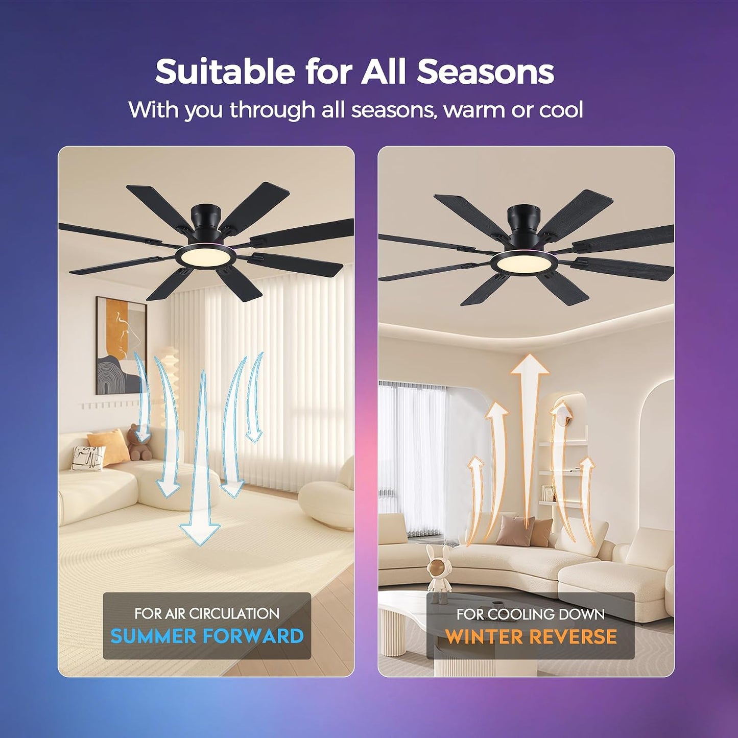 JSAITEE 60Inch Ceiling Fan with Lights Low Profile Flush Mount Brown RGB