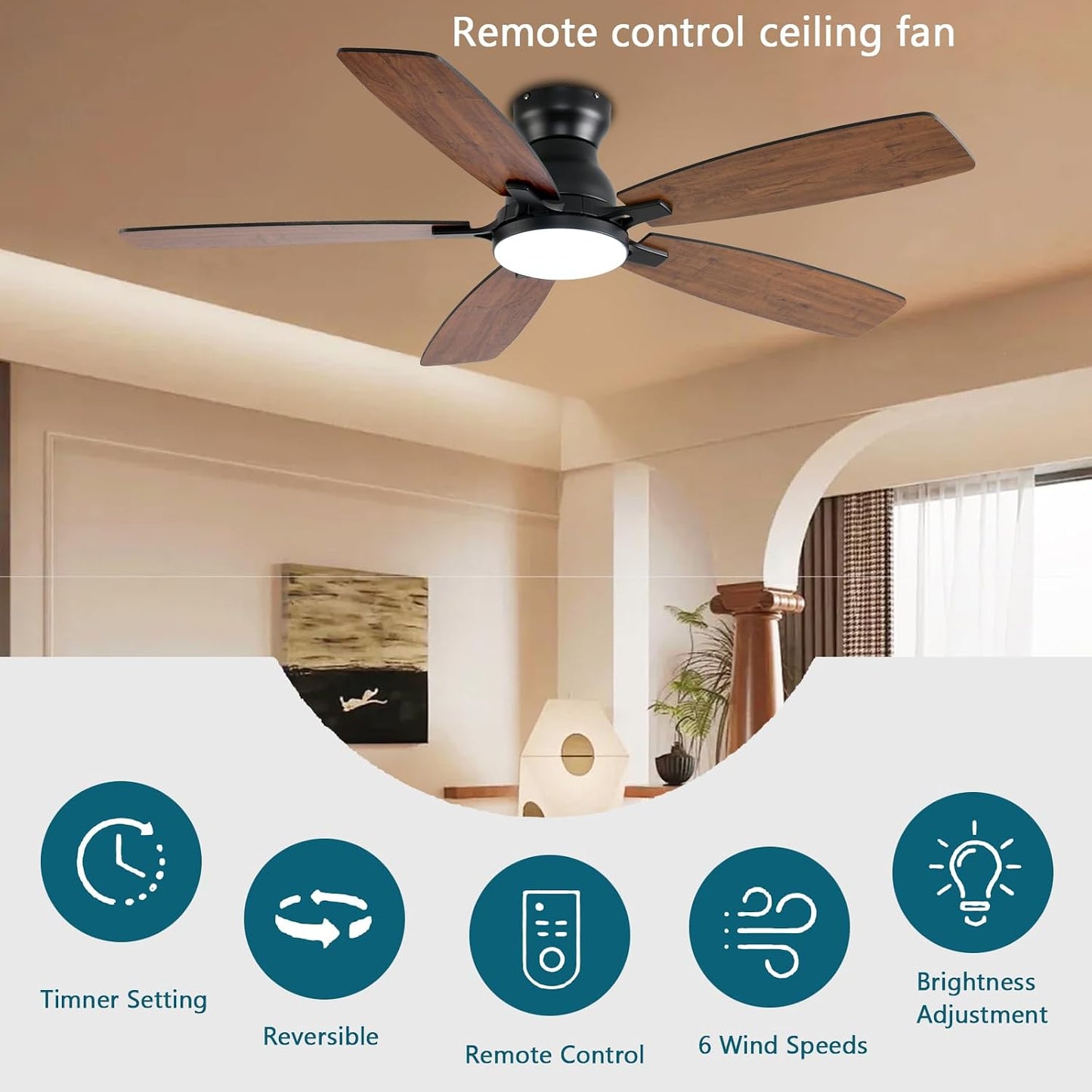 JSAITEE Ceiling Fans with Lights, 52 Inch Low Profile Ceiling Fan with Light and Remote Control, Flush Mount, DC Reversible Motor, Noiseless, White 6 Speeds Ceiling Fan for BedroomJL-66-Brown JL-66-nickle JL-66-white JL-66-black