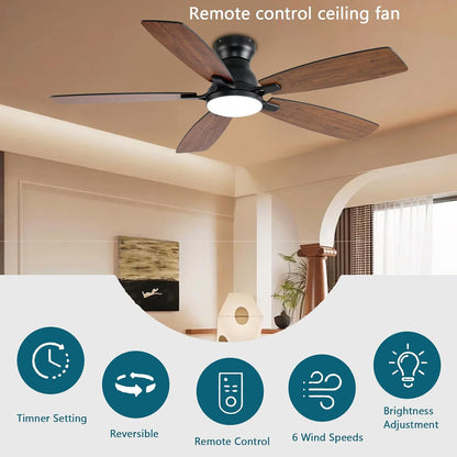 JSAITEE Ceiling Fans with Lights, 52 Inch Low Profile Ceiling Fan with Light and Remote Control, Flush Mount, DC Reversible Motor, Noiseless, White 6 Speeds Ceiling Fan for BedroomJL-66-Brown JL-66-nickle JL-66-white JL-66-black