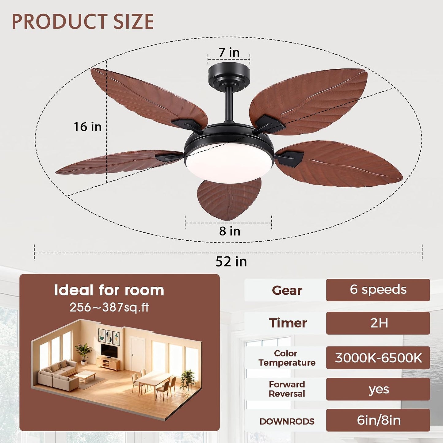 GJeg Tropical Ceiling Fans with Lights,52" Outdoor Palm Leaf Ceiling Fans 888-Black 52 888-White 52 888-Brown 52 888-Dark brown 52 888-Light brown 52