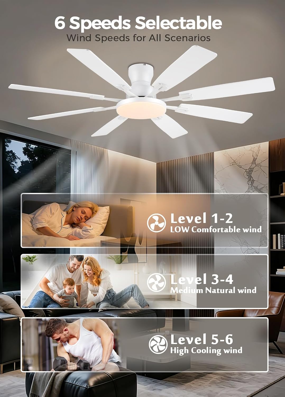 JSAITEE 60Inch Ceiling Fan with Lights Low Profile Flush Mount Brown RGB