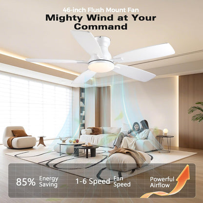 JSAITEE 46 Inch Low Profile Flush Mount Ceiling Fan with Lights, Black Brown WhiteJL-66-42-Brown JL-66-42-black JL-66-42-white