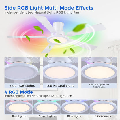 Ceiling Fans with Lights - 52in Flush Mount Ceiling Fan with RGB Dimmable, 3CCT 6 Wind Speeds and Reversible Quiet Motor, Low Profile RGB Fan Light for Modern Indoor, Party 8886-Black 8886-White 8886-Brown 8886-Nickel