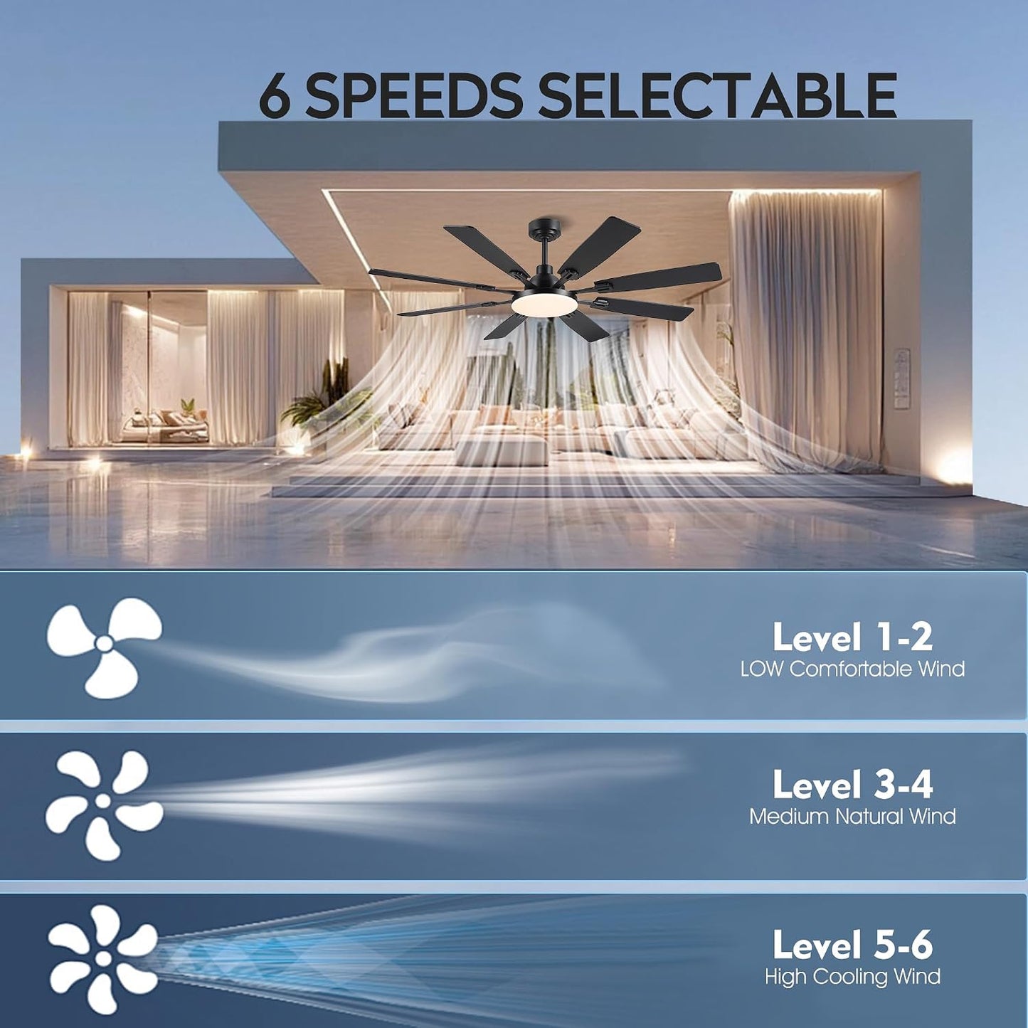 60" Ceiling Fan with Light - Modern White Low Profile Ceilings Fans Light Low Profile Fan with 8 Blades,6 Wind Speeds Reversible,Dimmable,Modern Light for Indoor Living Room,Kitchen,Coverd PatiosJL-153-Black-60In JL-153-White-60In JL-153-Brown-60In