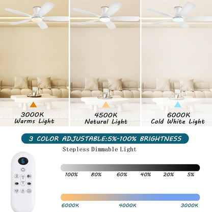 JSAITEE Ceiling Fans with Lights, 52 Inch Low Profile Ceiling Fan with Light and Remote Control, Flush Mount, DC Reversible Motor, Noiseless, White 6 Speeds Ceiling Fan for BedroomJL-66-Brown JL-66-nickle JL-66-white JL-66-black
