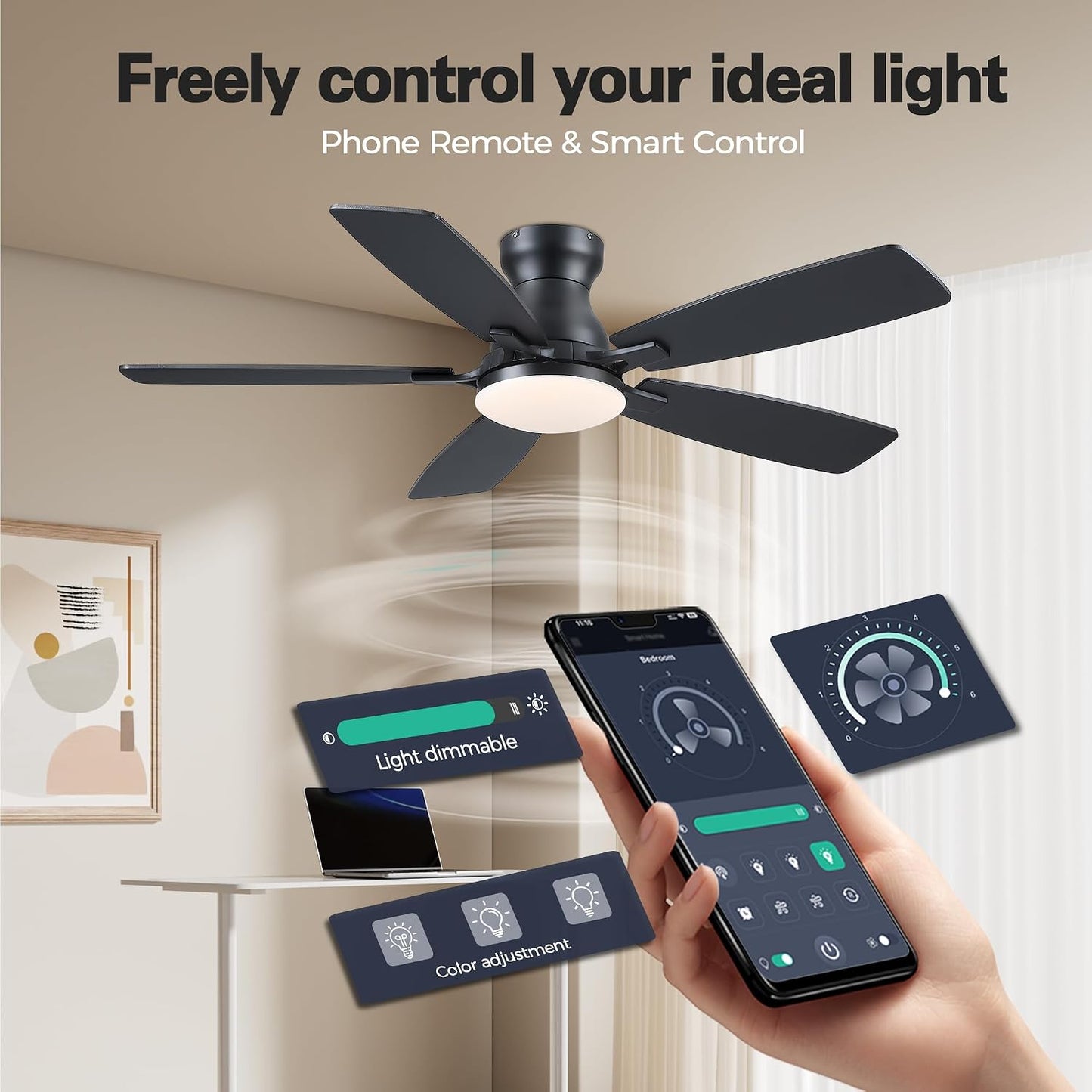 JSAITEE 46 Inch Low Profile Flush Mount Ceiling Fan with Lights, Black Brown WhiteJL-66-42-Brown JL-66-42-black JL-66-42-white