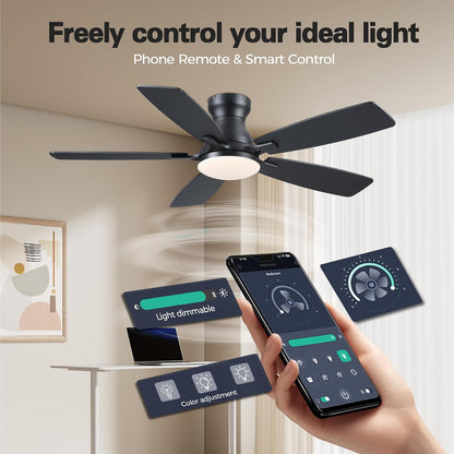 JSAITEE 46 Inch Low Profile Flush Mount Ceiling Fan with Lights, Black Brown WhiteJL-66-42-Brown JL-66-42-black JL-66-42-white