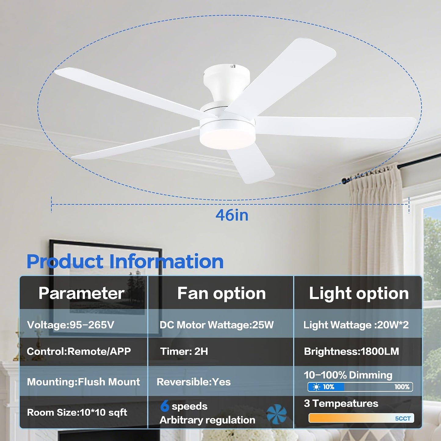 Ceiling Fans with Lights,46" Black Flush Mount Ceiling Fan Light with ABS Blades Reversible,3CCT Dimmable, Low Profile Fan Light for Indoor Modern Bedroom, Kitchen