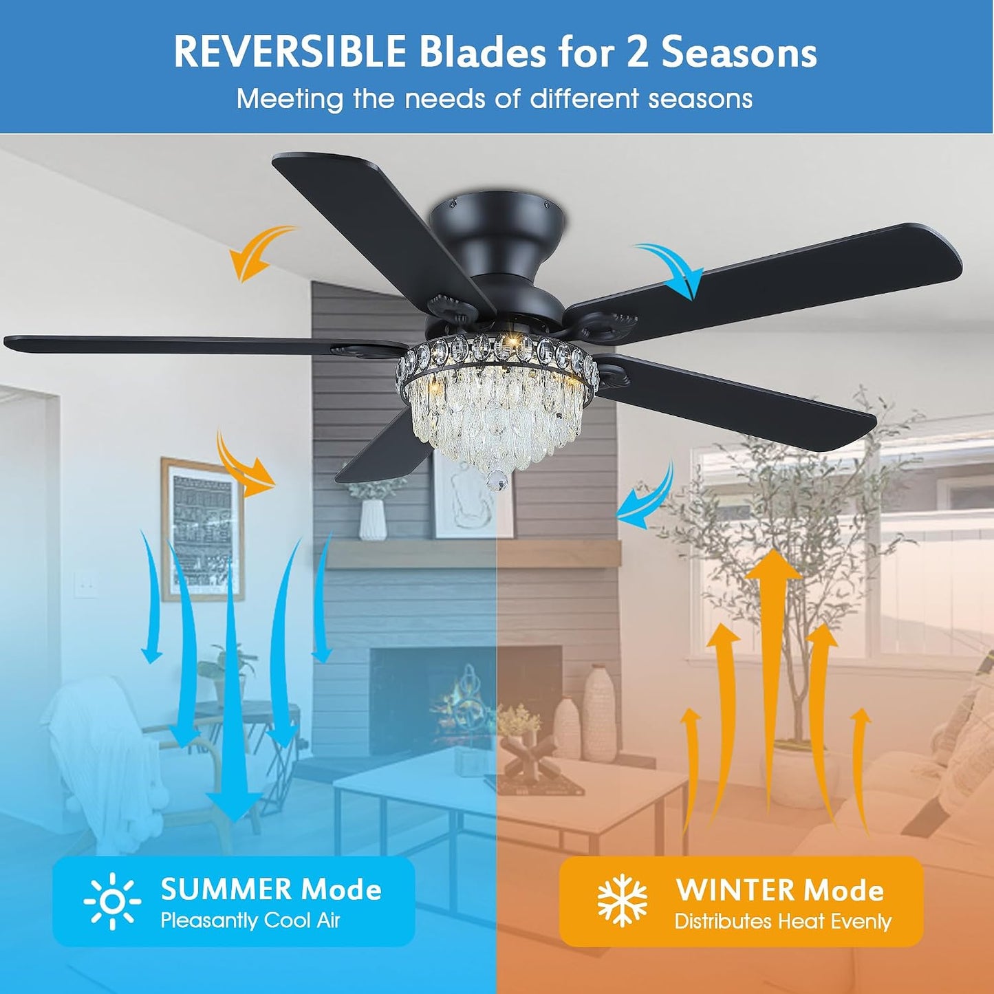 Crystal Ceiling Fan Fandelier with Lights-Modern Ceiling Fan(52" )5889-Black 5890-Black