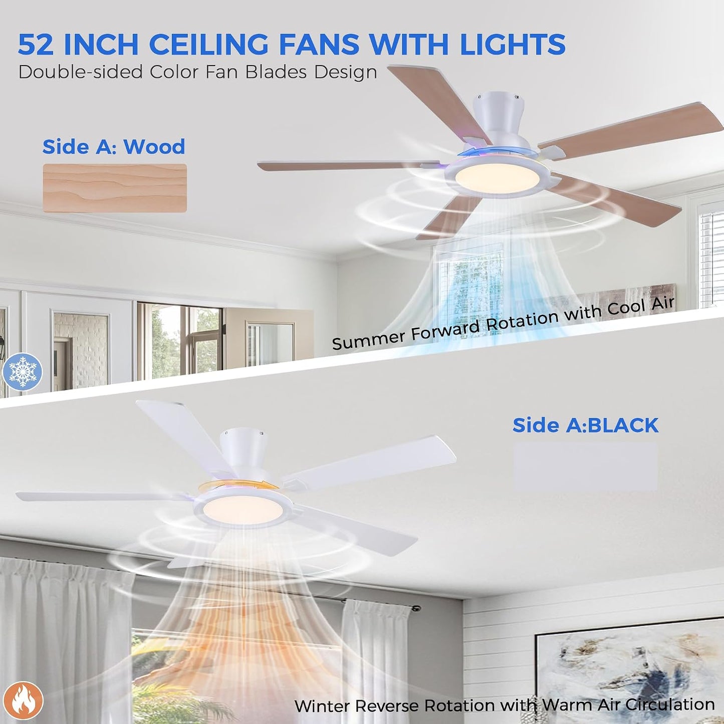 Ceiling Fans with Lights - 52in Flush Mount Ceiling Fan with RGB Dimmable, 3CCT 6 Wind Speeds and Reversible Quiet Motor, Low Profile RGB Fan Light for Modern Indoor, Party 8886-Black 8886-White 8886-Brown 8886-Nickel
