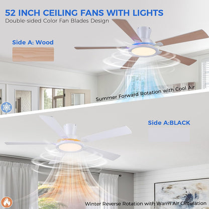Ceiling Fans with Lights - 52in Flush Mount Ceiling Fan with RGB Dimmable, 3CCT 6 Wind Speeds and Reversible Quiet Motor, Low Profile RGB Fan Light for Modern Indoor, Party 8886-Black 8886-White 8886-Brown 8886-Nickel