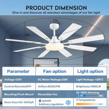 60" Ceiling Fan with Light - Modern White Low Profile Ceilings Fans Light Low Profile Fan with 8 Blades,6 Wind Speeds Reversible,Dimmable,Modern Light for Indoor Living Room,Kitchen,Coverd PatiosJL-153-Black-60In JL-153-White-60In JL-153-Brown-60In