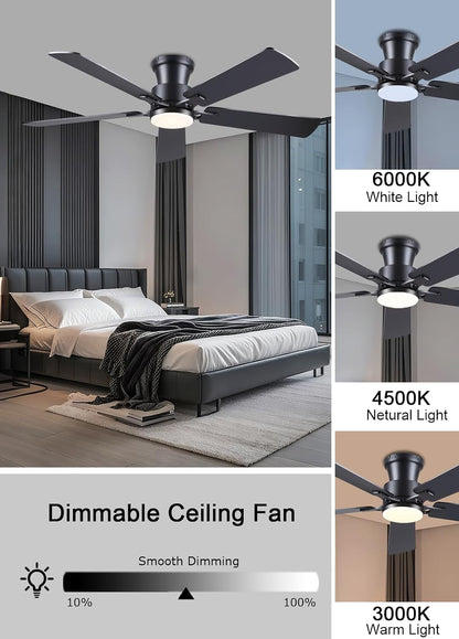 JSAITEE 52Inch Flush Mount Ceiling Fan with Lights Low Profile Brown