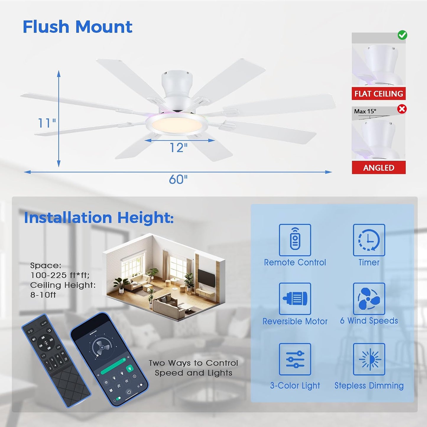Ceiling Fans with Lights -60in Brown Flush Mount Ceiling Fan with RGB SY8888-Black-RGB SY8888-White-RGB SY8888-Brown-RGB