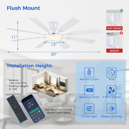 Ceiling Fans with Lights -60in Brown Flush Mount Ceiling Fan with RGB SY8888-Black-RGB SY8888-White-RGB SY8888-Brown-RGB