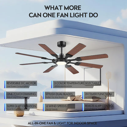 62" Ceiling Fan with Light - Modern White Low Profile Ceilings Fans Light08-Black-62In 08-White-62In 08-Brown-62In